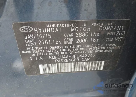 2015 Hyundai Elantra Se from USA, damaged, VIN KMHDH4AE3FU442747